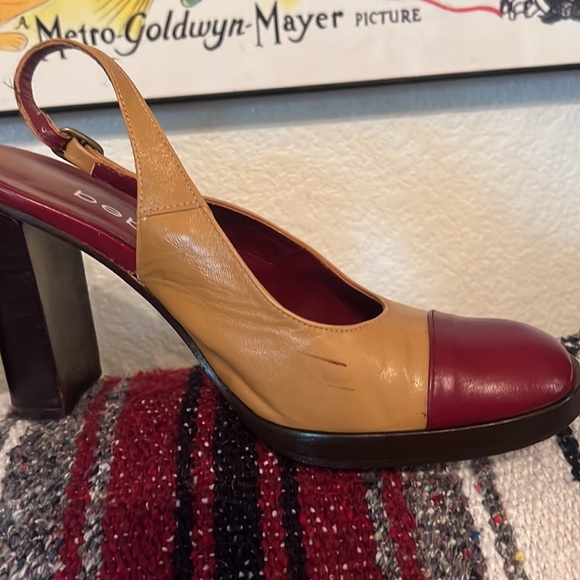 bebe US 7 1/2 Burgundy & Tan Leather Slingback Chunky High Heels Made in Spain - Picture 5 of 6